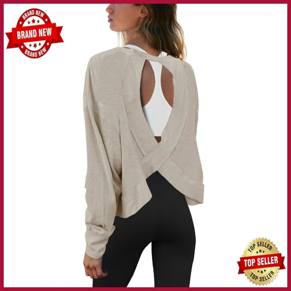 Long Sleeve Crop Top Open Back Athletic Shirt Women's Workout Tee
